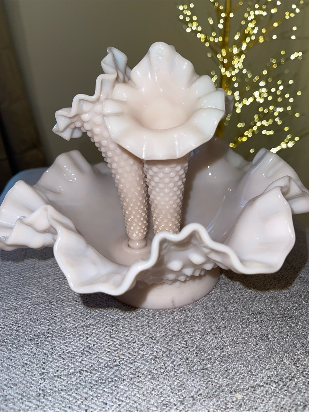 Fenton Hobnail Triple Epergne Vase in Pink Milk Glass - Picture 6 of 10